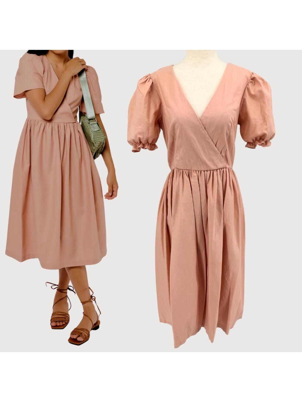 Lisa Says Gah Topanga Linen Dress Pink Puff Sleeve M